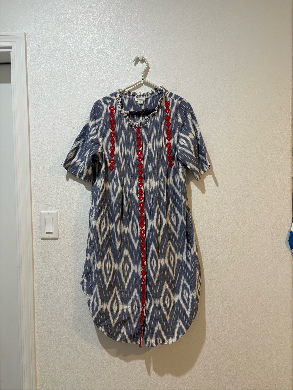 Sundance Medium  Blue and White Ikat Dress with Red Trim